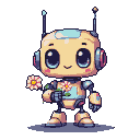 A cute, friendly beige and yellow pixel art robot with blue accents, holding a white and yellow flower in its left hand and wearing another small flower on its chest.