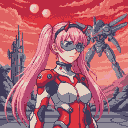 Young woman with pink pigtails in a red and white cybernetic suit facing a colossal mecha against a crimson sky.