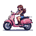 Young woman with brown hair, denim skirt, and brown boots riding a pink scooter, looking forward with a smile.