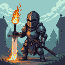 Pixel Art: Create a medieval knight with a flaming sword. The knight wears dark armor and a helmet that covers his face. He holds the sword in his hand, resting the blade on the ground. (generated with AI by El_Reua).