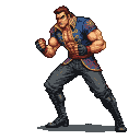 A muscular fighter in a blue and gold ornate shirt, fists clenched, scowls intensely forward in a defensive stance.