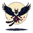 Tengu with spread black wings, red eyes, dark armor with red accents, floating against a pale moon and scattered red petals.