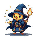 A chick in a blue wizard robe and pointed hat conjures a sparkling blue orb with one wing while holding a flaming staff with the other.
