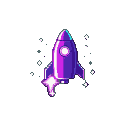 Purple and pink rocket with glowing window and fiery exhaust, surrounded by twinkling stars.