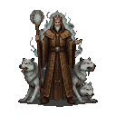 Regal wizard with a glowing orb staff and outstretched hand, flanked by two fierce wolves.