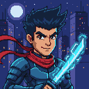 Young man in dark blue segmented armor and a red scarf, holding a glowing cyan sword, stands against a stylized nocturnal cityscape with a pale moon.