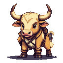An anthropomorphic bull wearing an adventurer's vest and carrying a satchel.