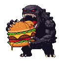 Monster with glowing red eyes devouring a large, multi-layered hamburger.
