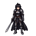 Stoic knight girl in dark, gleaming armor with red eyes, holding a broadsword and a flowing cape.