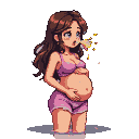 Pregnant young woman in pink bralette and shorts cradles her belly while vomiting yellow and orange pixels.