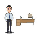 Man in formal attire with hands in pockets, standing beside an office desk with a monitor and papers.