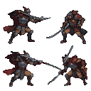 Knight in segmented grey and brown armor with a crimson cape, wielding a curved sword in aggressive combat poses.