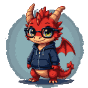 Anthropomorphic red dragon with large green eyes and glasses, wearing a navy hoodie, standing with wings tucked.