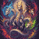 Pixel Art: 传奇多头巨龙，四色魔法光辉环绕，龙头均呈现亮白色。四个龙头后围绕的法阵与光晕分别呈现不同元素特征：白色法阵神圣威严、蓝色...