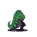 Green reptilian creature with purple-brown underbelly, sharp yellow eyes, and white claws and teeth, standing on all fours against a black background.