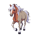 A chestnut horse with a flowing white mane and tail, depicted in a pixelated style, stands in a mid-stride pose.