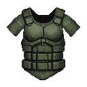 Olive-drab tactical body armor with segmented plates and a high collar.