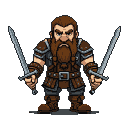 Dwarf warrior in layered leather and metal armor holding two gleaming swords, stern expression, bushy braided beard.