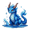 A small, vibrant blue dragon with icy blue crests sits in a dynamic water splash, its scales glistening.