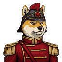 Stern Shiba Inu in a crimson military uniform with gold epaulets and a red-plumed cap, looking forward with an intense expression.