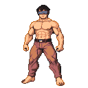 Shirtless fighter with a blue blindfold, muscular build, and brown pants in a determined stance.