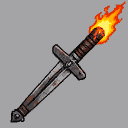 Weathered iron sword with a fiery aura at its tip.