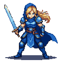 Determined warrior in blue armor and flowing cape, holding a luminous light-blue sword, blonde ponytail visible.