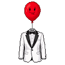 A white tuxedo with a red balloon for a head, featuring a drawn-on face, against a black background.