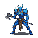 Muscular blue djinn with glowing blue armor, jagged icy blue energy, holding a two-headed axe and a staff.