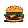 Pixel art cheeseburger with sesame seed bun, lettuce, tomato, and two melty cheese patties over beef patties.