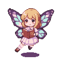 Whimsical fairy with iridescent butterfly wings in flight, holding an open book, with blonde hair and expressive eyes.