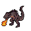 A bipedal demon with textured, desaturated hide, lunging forward and breathing pixelated orange flame.