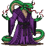 A snake wizard with emerald green scales, piercing red eyes, and a forked tongue, wearing a textured purple robe and dark sash, with its serpentine tail coiled around its body.