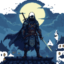 Shadowy assassin with glowing eyes and twin daggers stands on a rooftop overlooking a moonlit fantasy city.
