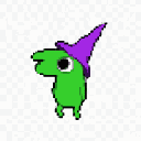 A small, bright green creature with large black eyes and a comically large, pointed purple wizard hat.