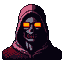 Menacing hooded figure with glowing pixelated orange eyes and a grimacing mouth revealing sharp teeth against a black background.