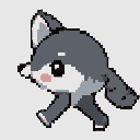 Stylized grey wolf in a side-view walking pose with expressive eyes and soft pink cheeks.