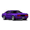 A purple Mustang with red taillights, viewed from the rear three-quarter angle, against a black background.