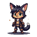 Anthropomorphic fox character with green eyes, dark spiky hair, pointed ears, wearing a tan tunic, dark hooded cloak, dark pants, and brown boots. Bushy tail tipped with white.