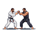 Two bearded judokas in white and dark gis grapple intensely on a gray mat.