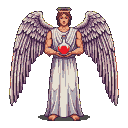 Majestic archangel with feathered wings and flowing white robe holding a glowing red potion.