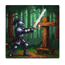 Knight in dark armor with plumed helmet holding sword high, standing in a dense forest with dappled sunlight.