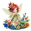 Pixel Art: a little fairy in very exotic colors, dressed in light cloth...