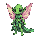 A cartoony alien fairy with green skin, large black eyes, and pink wings, wearing a leafy green outfit.