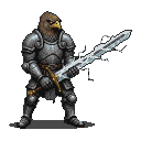 Knight with hawk head in dark metallic armor, holding a massive, jagged sword crackling with ethereal energy.