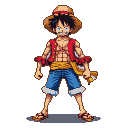 Monkey D. Luffy in his Gear 5 form, with straw hat, red vest, blue shorts, and yellow sash.