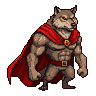 Anthropomorphic wolf hero in a flowing red cape, muscular build, golden buckle with red gem, stern expression.