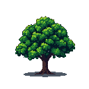 A solitary, lush green tree with a textured canopy and a solid brown trunk, casting a subtle shadow.