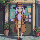 Young woman in a brown fedora and trench coat stands in front of a storefront.