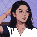 Pixelated portrait of a young Latina woman with dark hair, wearing rose-gold glasses and a dark blue scrub top, touching her hair, with a geometric wall and violet-blue lights in the background.